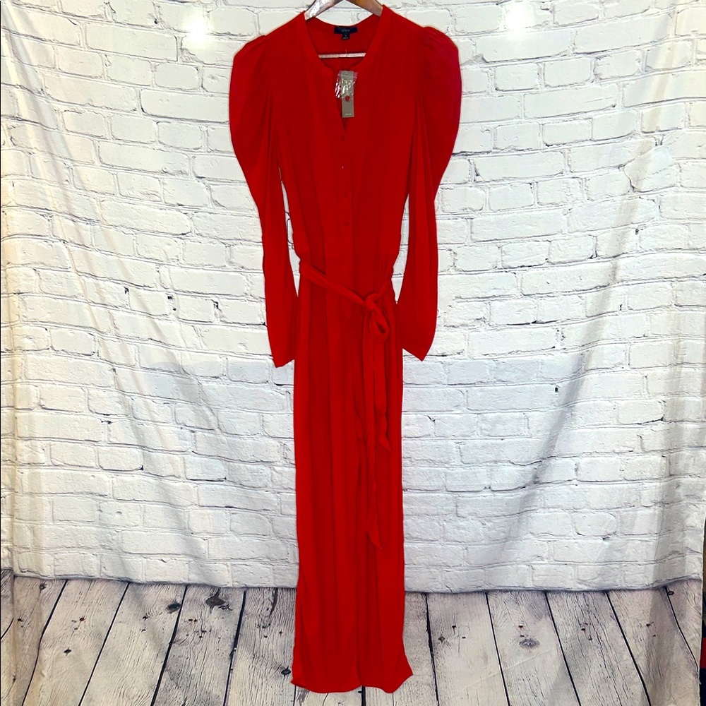 J. Crew Burnt Red Orange Button Front Long Puff Sleeve Jumpsuit Size 8